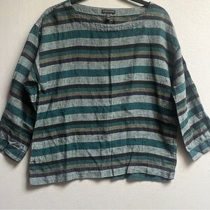 Eileen Fisher 100% Linen Striped Woven Boxy Top XS Teal Grey